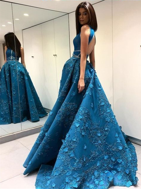 Neueste blaue Prinzessin Sexy ärmelloses Blumen Abendkleid | Modernes Abendkleid