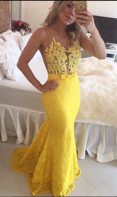 Sexy Lace Mermaid Evening Gowns Sweep Train Prom Dresses with Bow