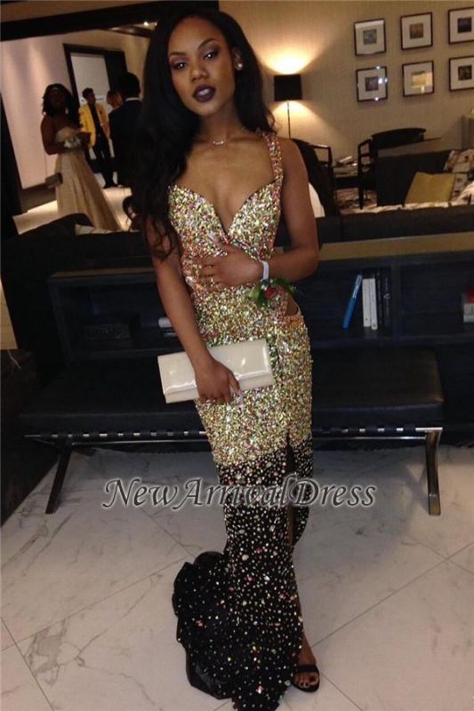 Crystals Front-Slit Sparkly Cut-Away-Sides Gold Sheath Straps Sleeveless Prom Dress