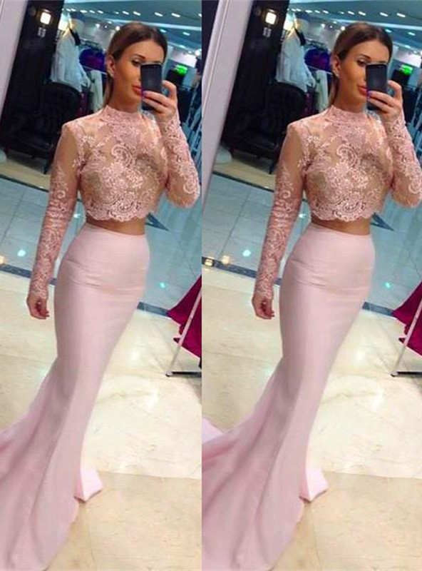 Newest High Neck Two Piece Pink Lace Appliques Long Sleeve Prom Dress