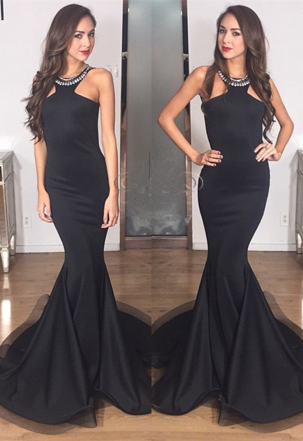 Sexy Black Mermaid Sleeveless Jewel Sweep Train Prom Dress