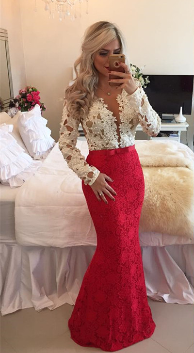 Beadings Lace Mermaid Floor-Length Popular Long-Sleeves Prom Dresses BT00