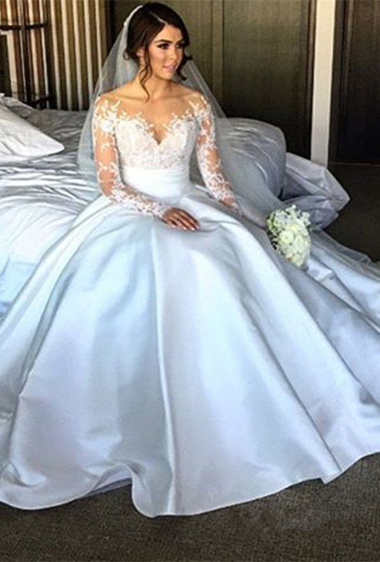 Satin Elegant A-Line Wedding Dresses Long Sleeve Lace Appliques Bridal Gowns