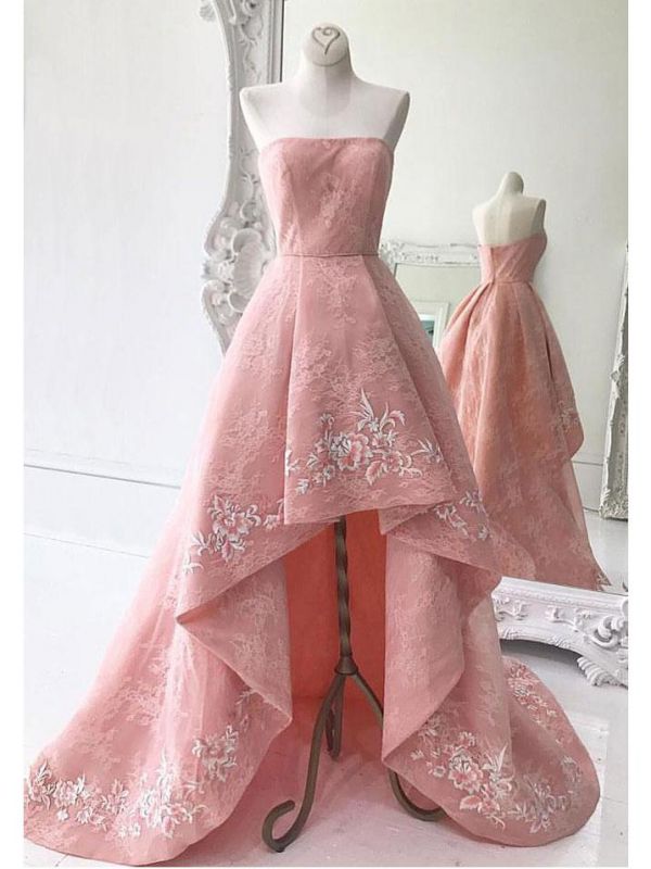 High-Low Strapless Custom Made A-line Embroidery Lace Exquisite Long Prom Dresses