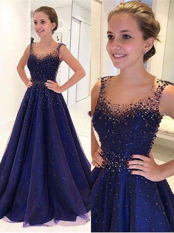 Elegant A-Line Beading Prom Dresses | Scoop Sleeveless Puffy Evening Dresses