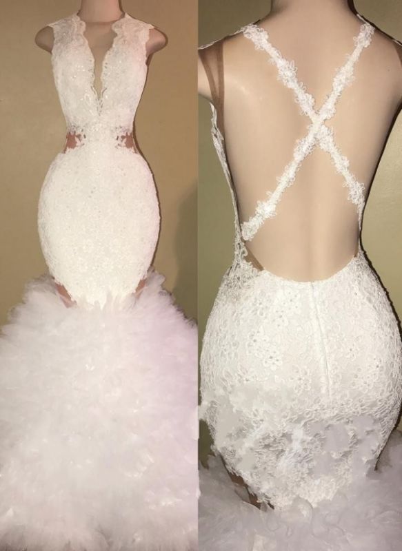 Spitze Rüschen Mermaid Prom Dresses | Ärmellose Abendkleid mit V-Ausschnitt
