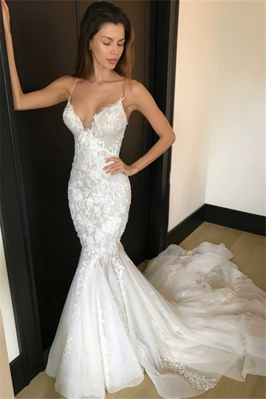 Sexy Mermaid Spaghetti Straps Wedding Dresses Beach |  Lace Appliques Bridal Gowns
