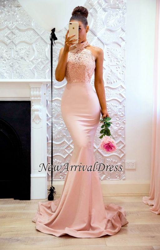 Mermaid Applique Halter Lace Elegant Sweep Train Prom Dress