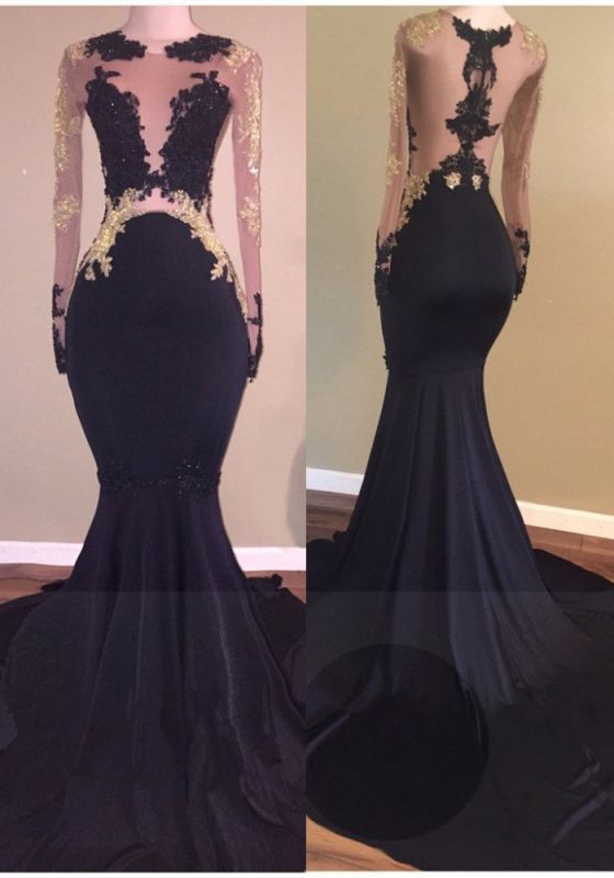 Long Sleeve Black Lace Evening Gowns Long | Mermaid Prom Dresses  BA5324