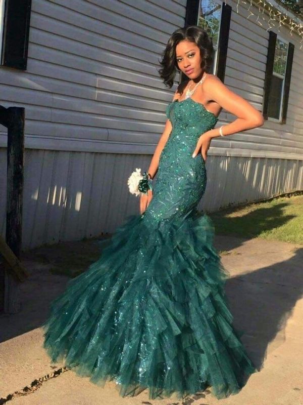 Sequins Ruffled Sparkly Sleevles Strapless Beading Green Tieres Mermaid Prom Dress
