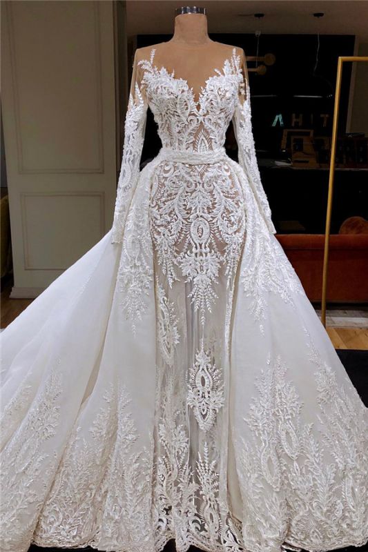 Manches longues voir à travers des robes de mariée en tulle pas cher | Overskirt Dentelle Robes De Mariée Pas Cher 2021