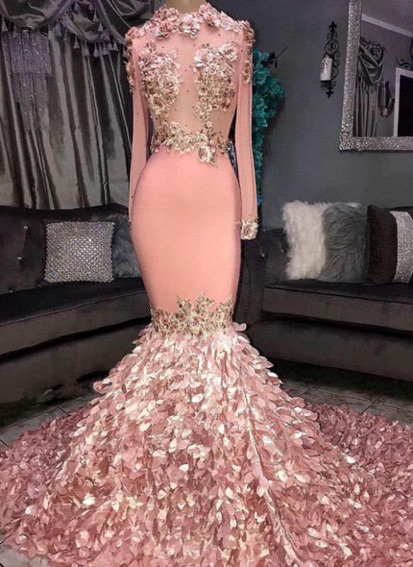 Glamorous Round Neck Flowers Long Sleeve Sequins Mermaid Long Prom Dresses Cheap