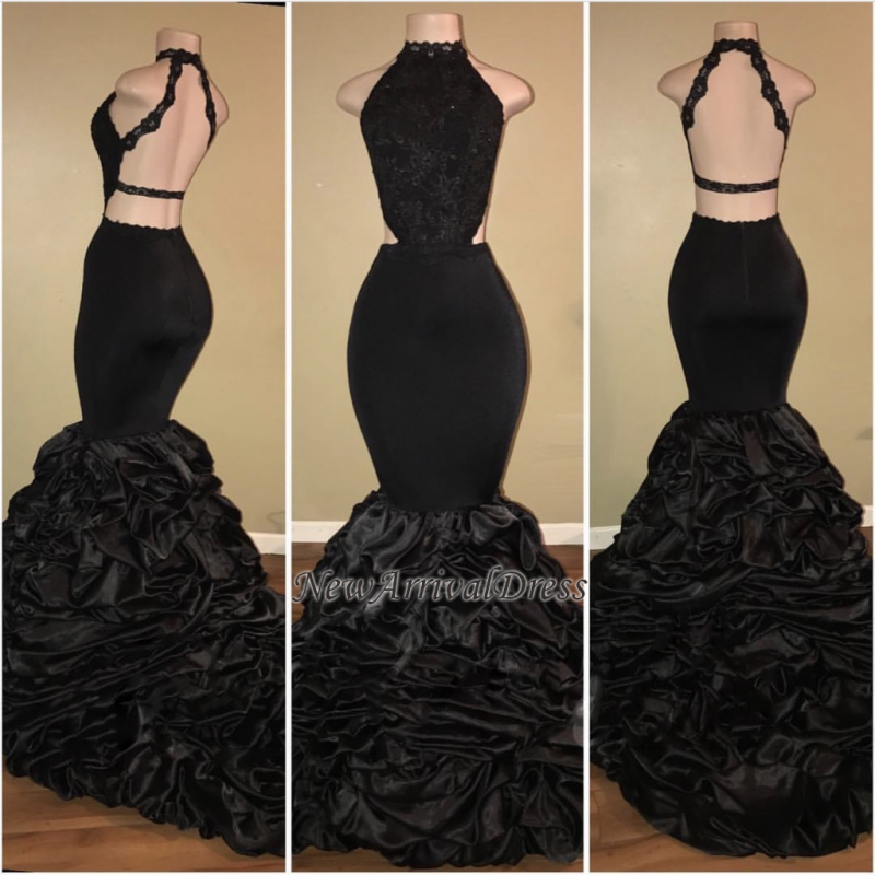 Halter High Neck Mermaid Pick-Up Black Evening Dresses