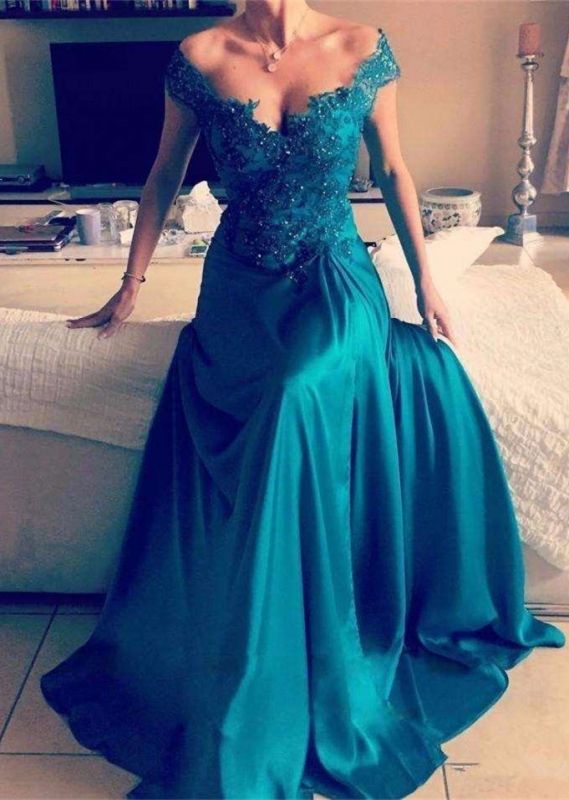 Vestido de noche de encaje con hombros descubiertos y cuentas modestas | Vestido de fiesta con abertura lateral