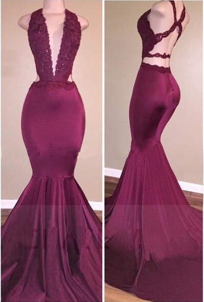 Mermaid Deep V-Neck Beads Cris-cross Back Long Prom Dresses