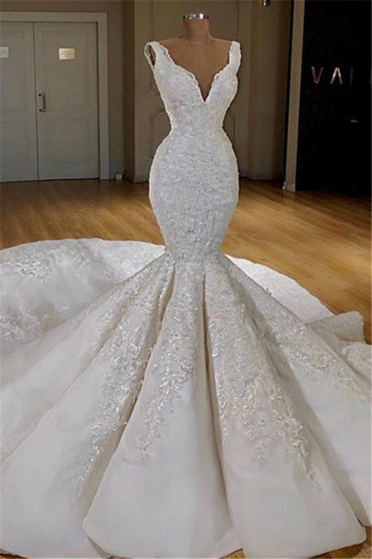 Elegant Mermaid Lace Wedding Dresses Online | Sleeveless Puffy Bridal Gowns 2021