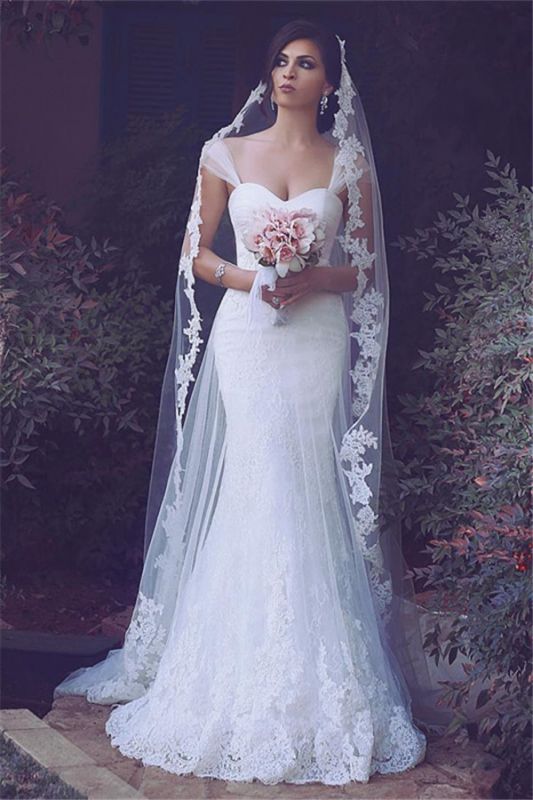 Elegant Lace Appliques Mermaid Sweetheart Custom Made Straps Tulle Wedding Dress