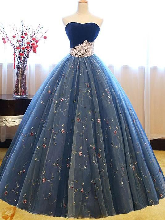 Embroidery Puffy Exquisite Pearls Sweetheart Long Prom Dresses