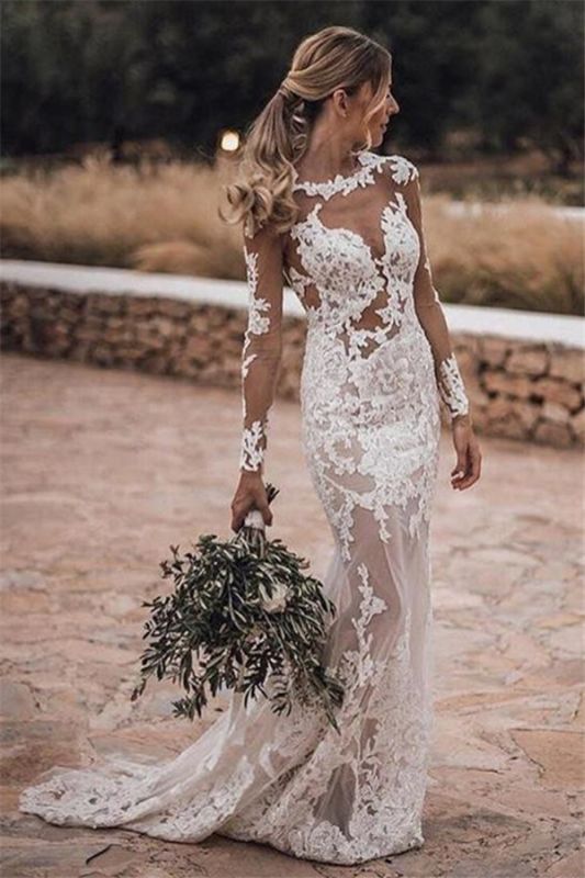 Pure dentelle tulle appliques robe de mariée sexy plage d'été | Gaine robe de mariée en plein air pas cher à manches longues