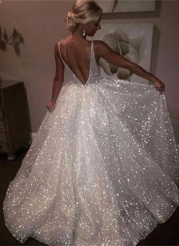 Paillettes scintillantes dos ouvert longues robes formelles | Robes de mariée sans manches