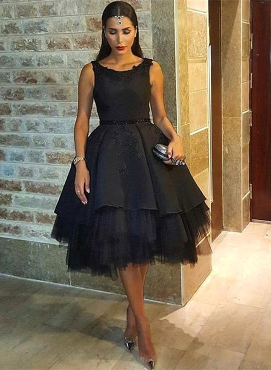 Scoop Tulle Black Short Sexy Lace Sleeveless Prom Dress
