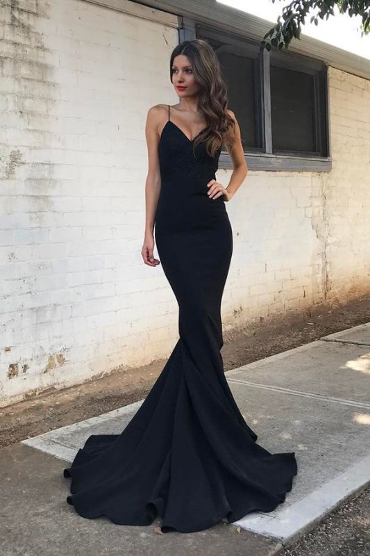 Sexy Black V-NeckProm Dress Mermaid Long With Spagetti Strap