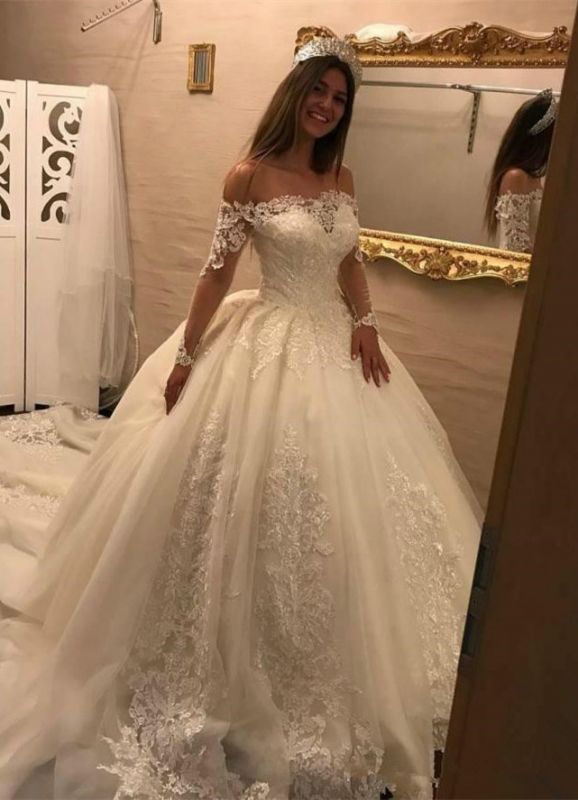 Off The Shoulder New Arrival Lace Long Sleeve Elegant Wedding Dresses | Ball Gown Bridal Dresses