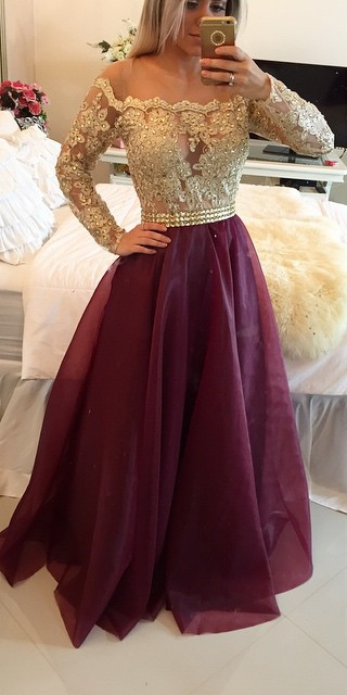 Illusion Long Sleeves Appliques Evening Gowns A-Line Prom Dresses with Buttons