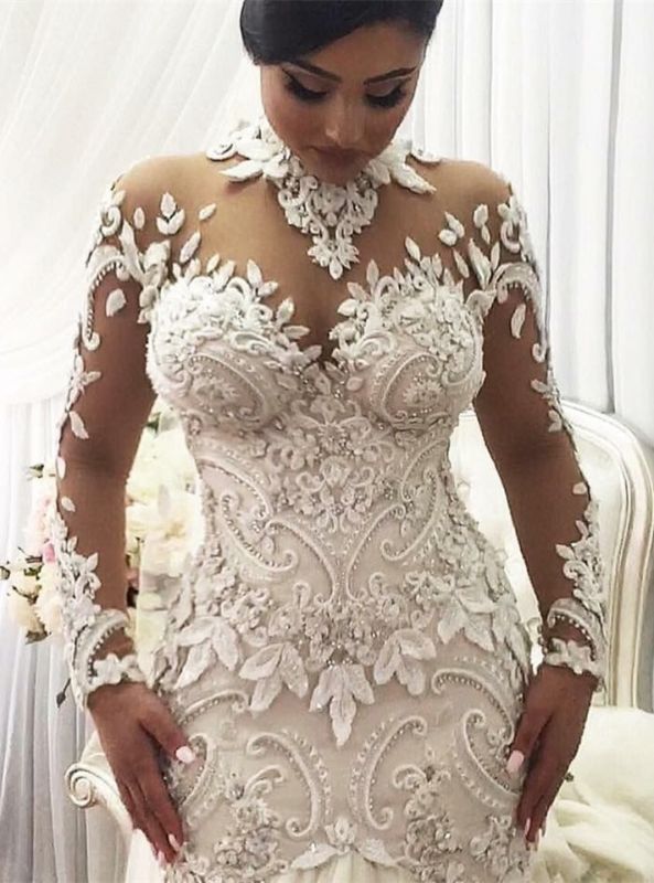 Robes de mariée sexy en dentelle sirène | Superbe robe de mariée à manches longues et col haut