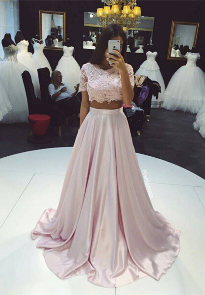 Two-Piece Prom Dresses Pink Lace Short Sleeves Elegant Long Evening Gowns