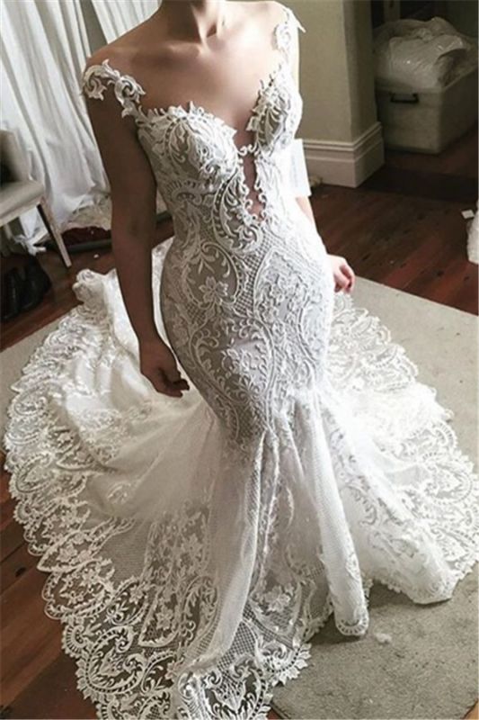 Robe de mariée sexy en dentelle sirène 2021 | Robes de mariée glamour en tulle transparent avec boutons