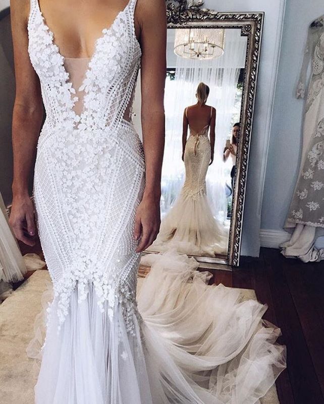 Custom Made Elegant Lace Appliques V-Neck Mermaid Open Back Wedding Dress