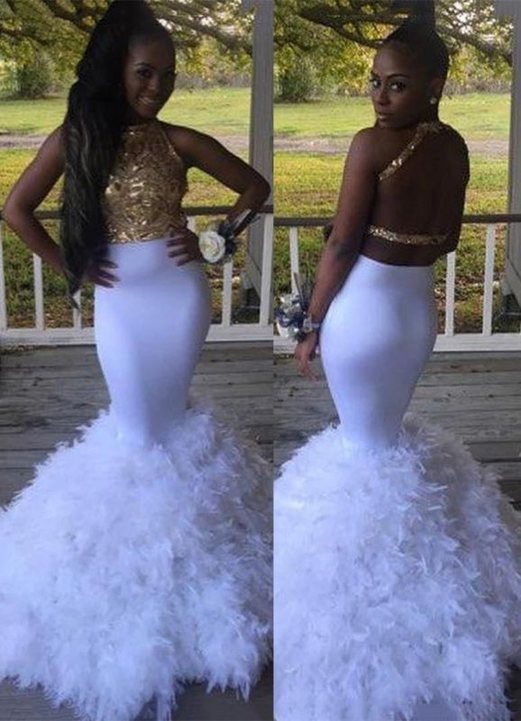 Sexy Gold White Ruffles Prom Dress | Mermaid Prom Dress