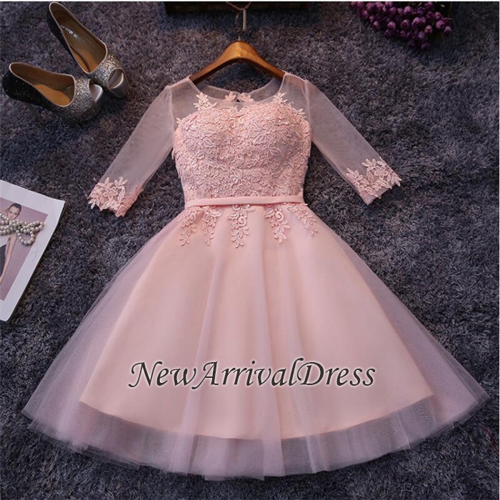 Appliques Tulle Half Sleeves Pink Sexy Short Homecoming Dresses