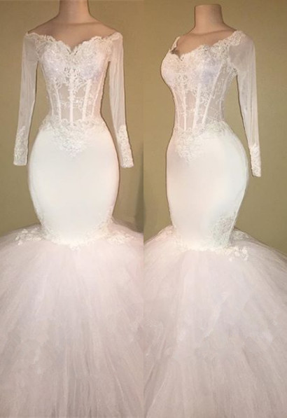 White Long-Sleeve Evening Dress | Lace Mermaid Prom Dress BA8431