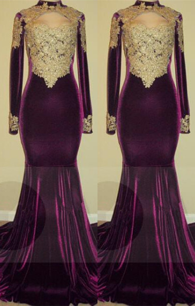 Gold Lace Appliques Velvet Prom Dresses | Mermaid Long Sleeve Prom Gowns on Mannequins BA7801