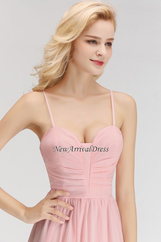 Simple A-line Spaghetti-Strap Floor-length Sleeveless Chiffon Pink Zipper Bridesmaid Dress