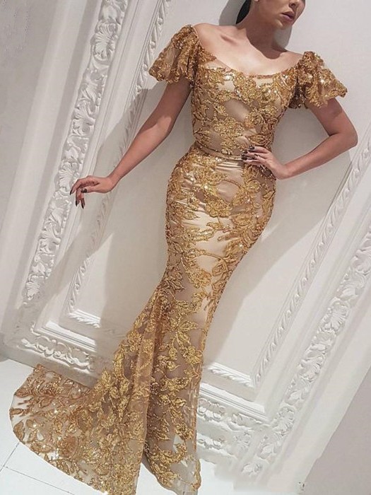 Vestido de fiesta de oro de la hermosa sirena fuera del hombro | Vestido de noche