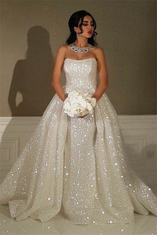 Sparkly Sequins Overskirt Wedding Dresses 2021 | Strapless Luxury Sexy Bride Dresses  Online