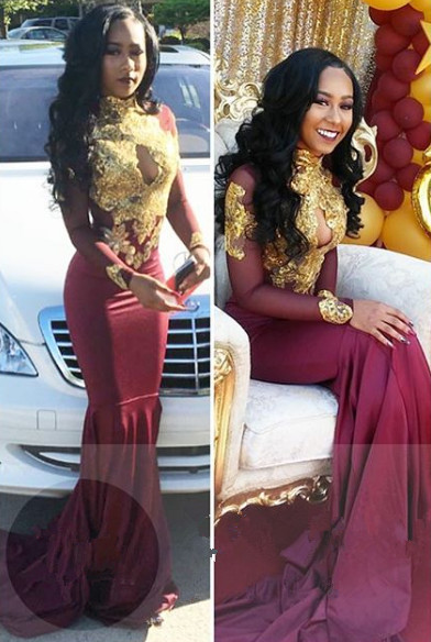 Burgundy long sleeve lace prom dress, mermaidevening gowns BA4987
