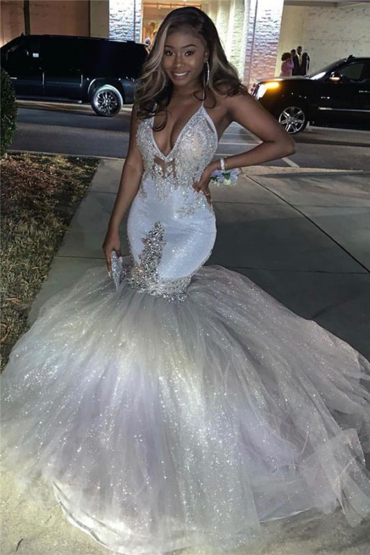 Silver Sparkling Sequins Prom Dresses Mermaid | Beads Appliques Spaghetti Straps Sexy Prom Gowns
