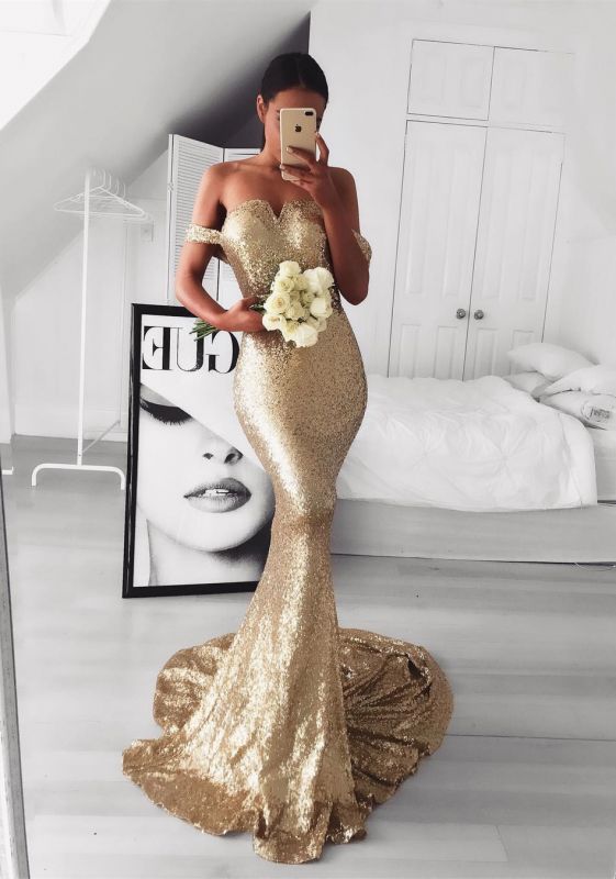 Sexy Sequined Gold Mermaid Long Evening Gown | Off-the-shoulder Evening Dress