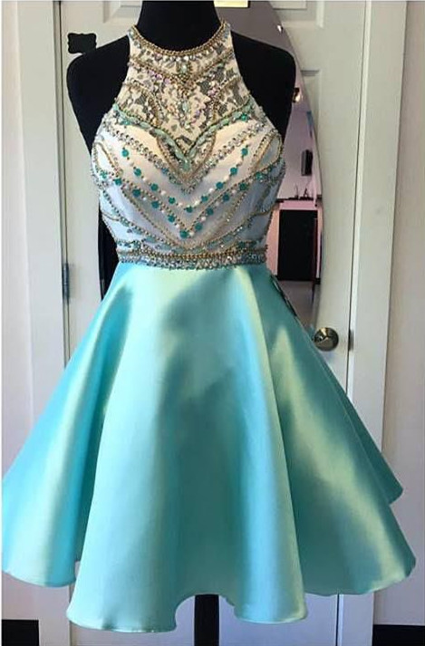 Cute Crystals Halter Blue Sleeveless Custom Made A-line Sexy Short Homecoming Dresses