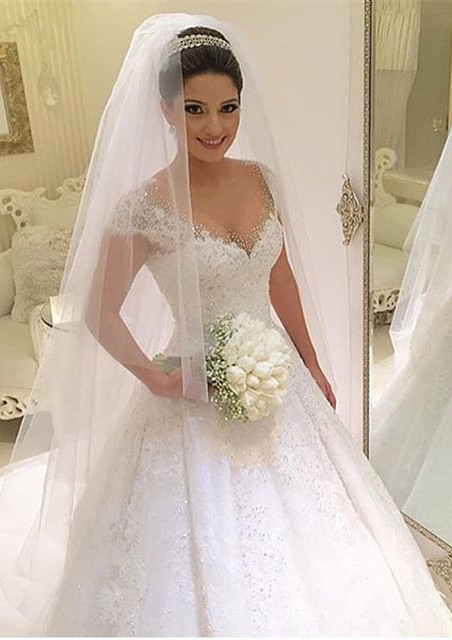Gorgeous Capped-Sleeves Gown Ball Beading Elegant Wedding Dresses