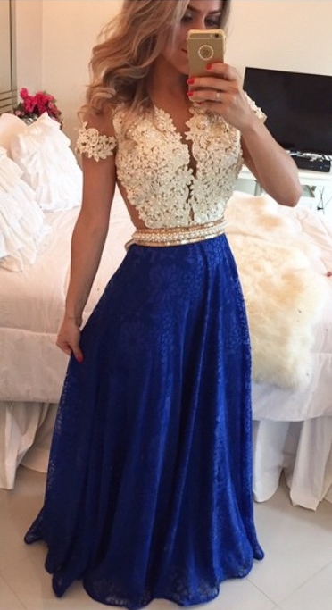 Short Sleeves Lace Long Prom Dresses White&Blue Pearls Beaded Sheer Formal Evening Gowns