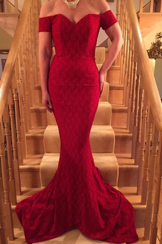 Short-Sleeve Long Mermaid Glamorous Lace Red Prom Dress