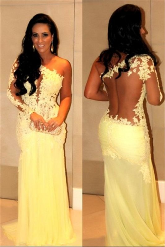 Classical Long Sleeves Yellow Lace Prom Dresses Sheer Chiffon Sheath Mermaid Evening Gowns