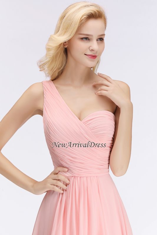 Pink One-Shoulder Modest Sleeveless Ruffled Zipper Floor-length Bridesmaid Dress