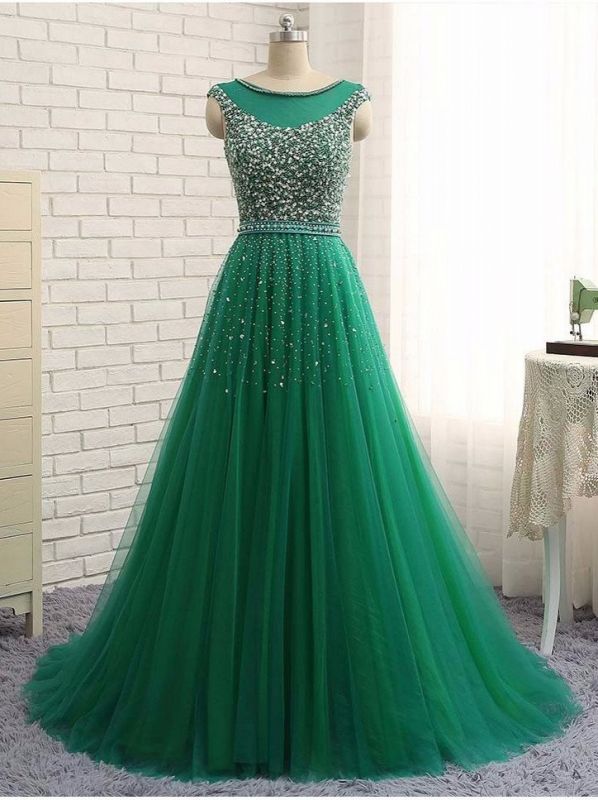Beaded Custom Made A-line Tulle Brilliant Scoop Sleeveless Green Long Prom Dresses