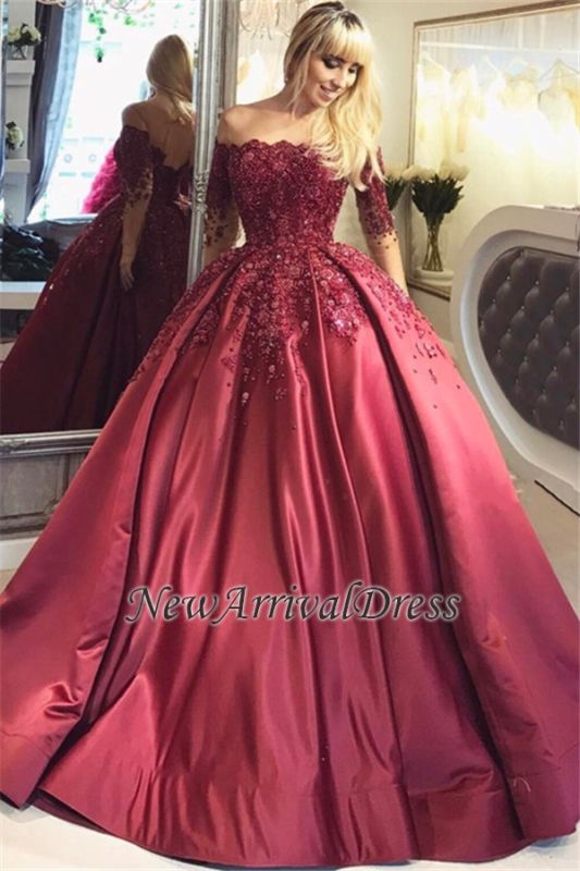 Appliques Long-Sleeves Burgundy Crystal Ball Off-the-Shoulder Prom ...